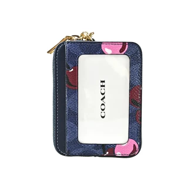 【COACH】C LOGO PVC鏈帶方型卡夾零錢包(櫻桃印花/丹寧藍)