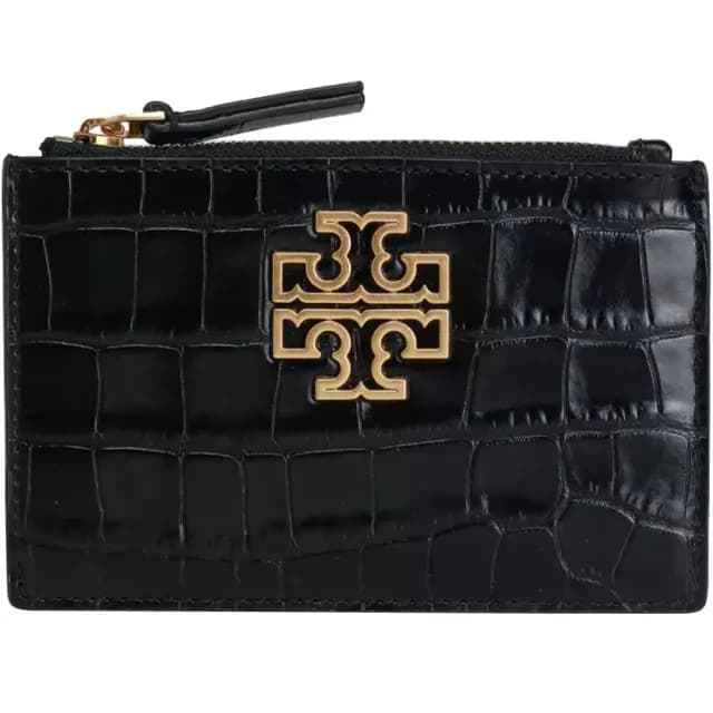 【TORY BURCH】BRITTEN黑色皮革鱷魚壓紋拉鍊卡片零錢包