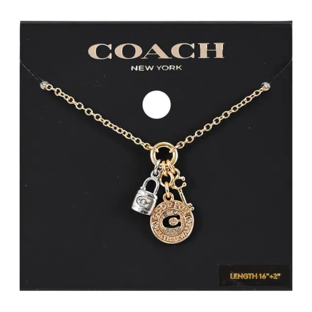 【COACH】品牌LOGO圓牌吊墜鎖釦雙吊飾造型鎖骨項鍊(金/銀)