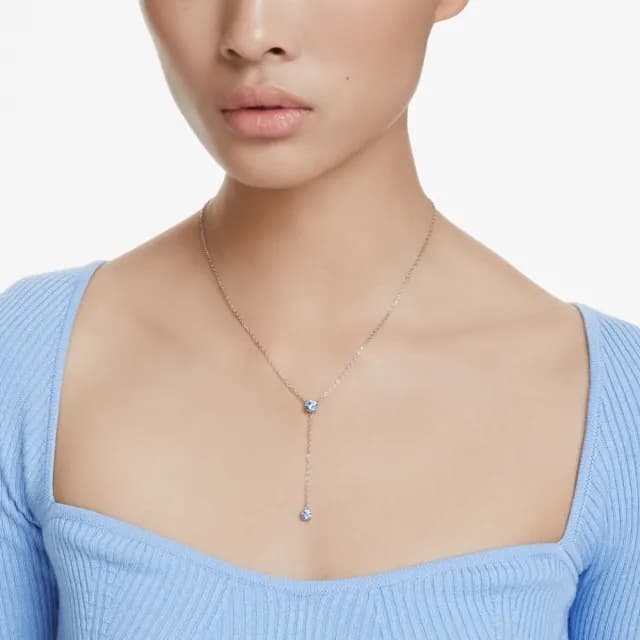 【SWAROVSKI 施華洛世奇】Attract Y形項鏈 圓形切割 藍色 鍍白金色