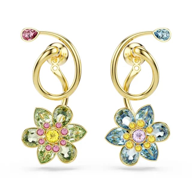 【SWAROVSKI 施華洛世奇】Idyllia 水滴形耳環 非對稱設計 混合式切割 花朵 漸層色 鍍金色