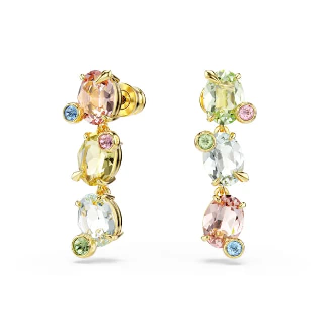 【SWAROVSKI 施華洛世奇】Gema 水滴形耳環 非對稱設計 混合式切割 漸層色 鍍金色