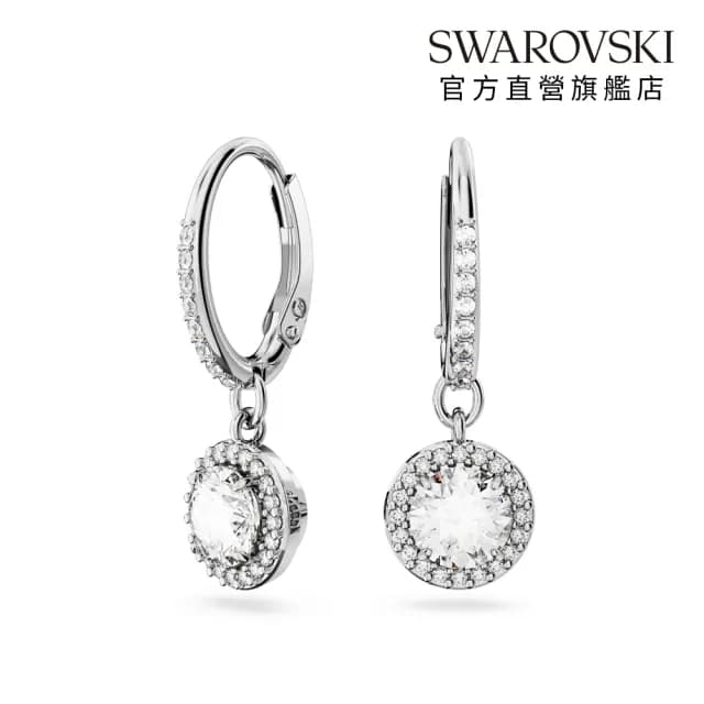 【SWAROVSKI 施華洛世奇】Una Angelic 水滴形耳環 圓形切割 密鑲 白色 鍍白金色