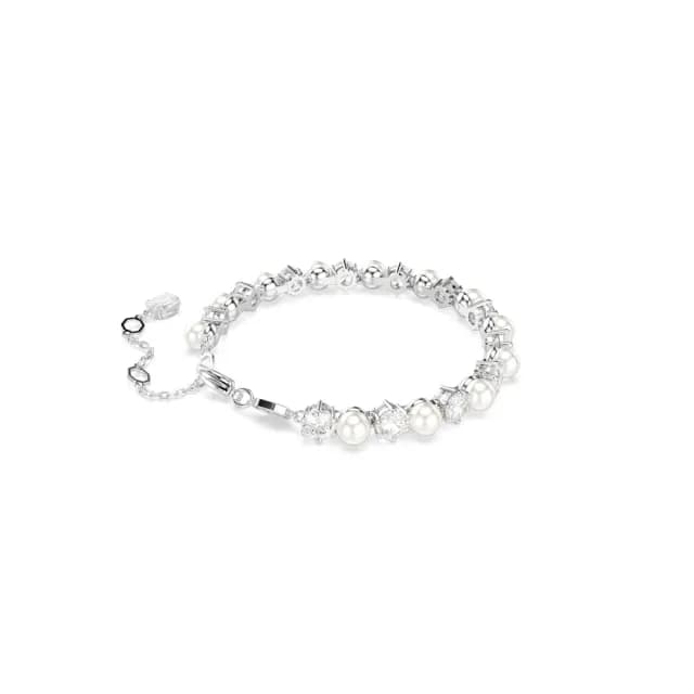 【SWAROVSKI 施華洛世奇】Matrix Tennis 手鏈 水晶珍珠 圓形切割 白色 鍍白金色