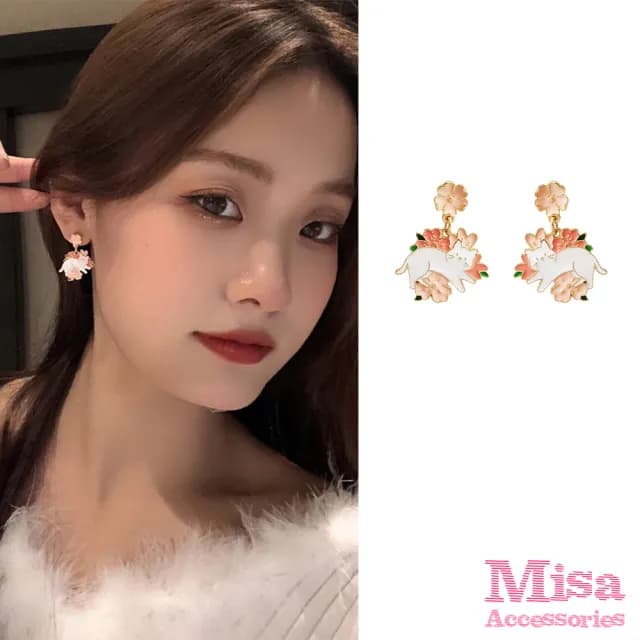 【MISA】韓國設計S925銀針溫柔花朵小貓咪造型耳環(S925銀針耳環 花朵耳環 貓咪耳環)