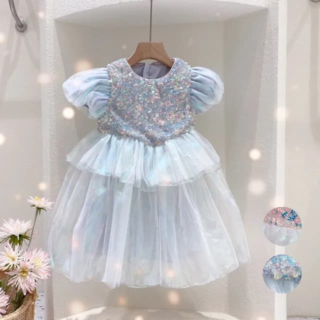 【橘魔法】美人魚炫彩漸層變色亮片洋裝(短袖洋裝 女童 婚禮 禮服 攝影 兒童 童裝)