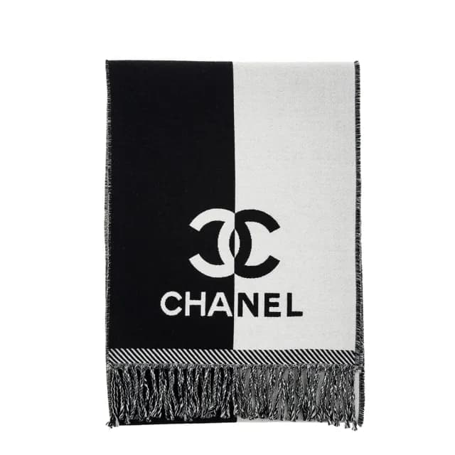 【CHANEL 香奈兒】經典雙色雙C LOGO羊毛流蘇圍巾(黑白)