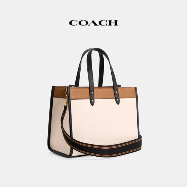 【COACH】蔻馳官方直營 FIELD COACH徽章撞色30號托特手袋-B4/粉筆白色 混合色(CZ335)