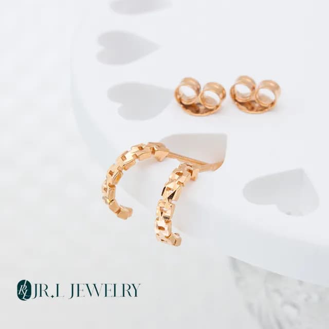【JR.L金瑞利珠寶】情人節禮物 18K玫瑰金 半圓鎖鏈K金耳環