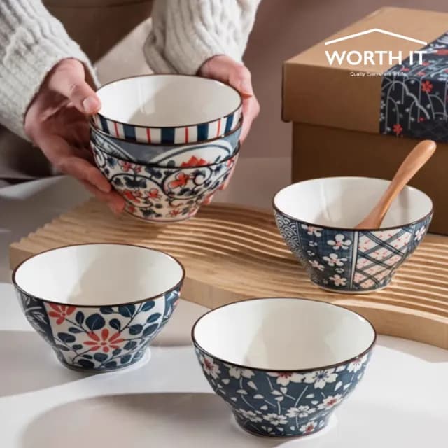 【渥思】藍調花語陶瓷2入碗禮盒(餐具 瓷器碗盤 飯碗 入厝禮 一盒2入碗)