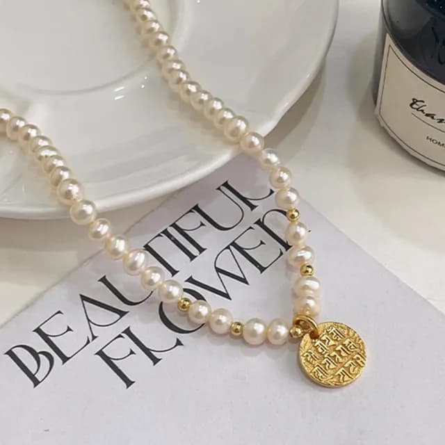 【LEEHER】幾何珍珠/s925純銀/項鍊/頸鏈/銀飾/女生項鍊/復古風/氣質/珍珠項鍊/圓牌項鍊/古法金/送禮