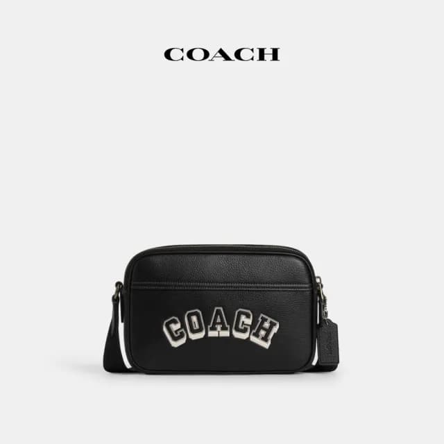 【COACH】蔻馳官方直營 GRAHAM VARSITY圖案斜背手袋-青銅色硬體/黑色/粉筆白色(CAJ64)