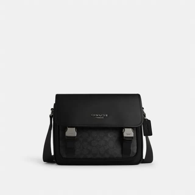 【COACH】蔻馳官方直營 RACER經典Logo郵差包 騎行手袋 騎行包 斜背包-炭黑色/黑色(CT716)