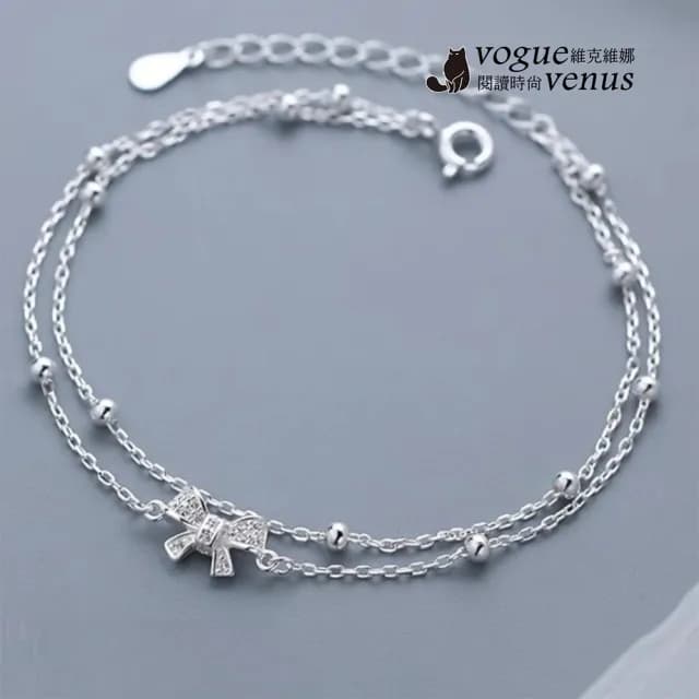 【維克維娜】水鑽蝴蝶結雙層手鍊925純銀手鍊