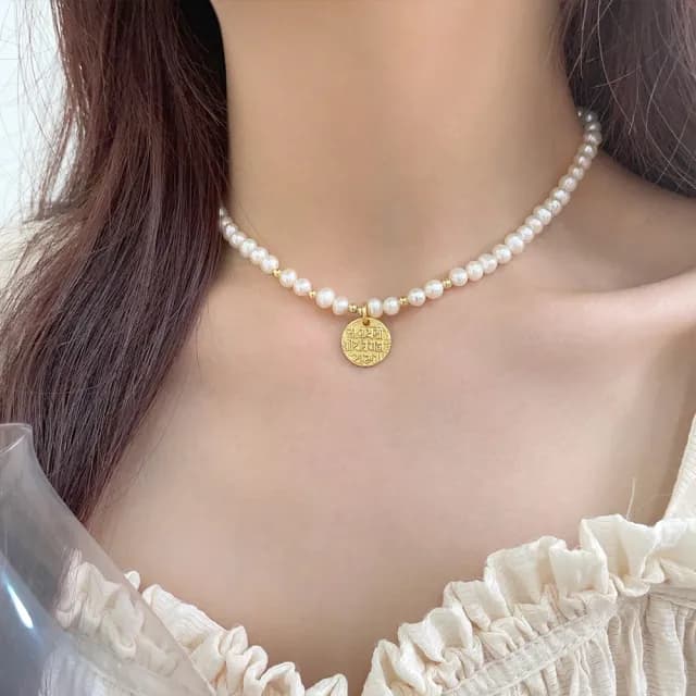 【KT DADA】情人節禮物 s925純銀 項鍊 頸鏈 鎖骨鏈 女生項鍊 復古風 氣質 送禮 珍珠項鍊 圓牌項鍊 古法金  