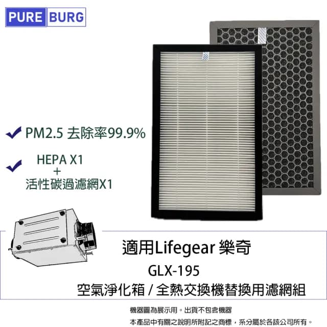 【PUREBURG】適用Lifegear 樂奇GLX195 GLX-195 空氣淨化箱 全熱交換器 PM2.5 HEPA除臭活性碳濾網組