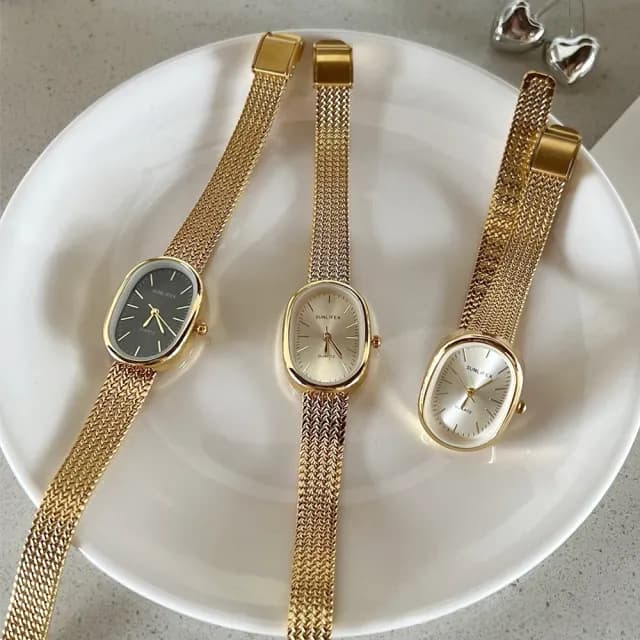 【MoonDy】手錶 金色手錶 指針式 復古錶 橢圓形錶 韓版手錶 ins風 高級感 女生手錶 精緻 學生手錶 石英