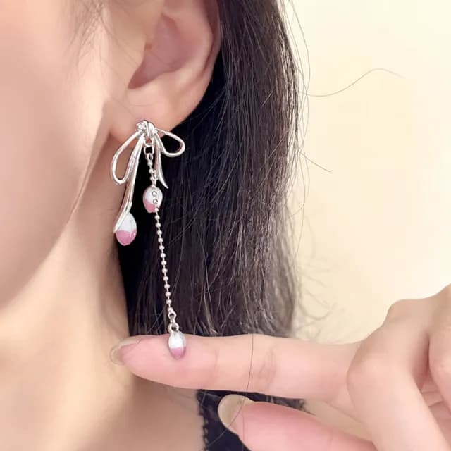 【INES】韓國設計S925銀針浪漫鬱金香花朵流蘇蝴蝶結造型耳環(S925銀針耳環 流蘇耳環 蝴蝶結耳環)