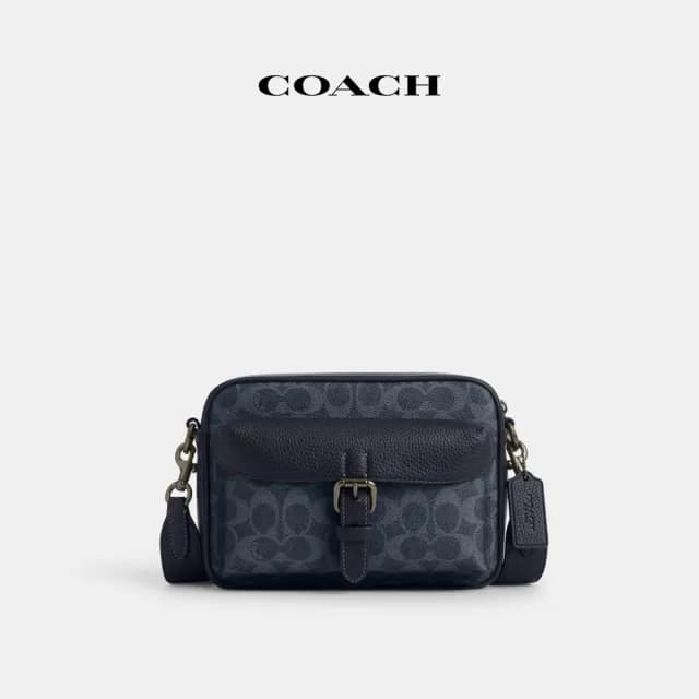 【COACH】蔻馳官方直營 WARNER經典Logo斜背手袋-青銅色硬體/丹寧色/午夜海軍藍色(CW217)