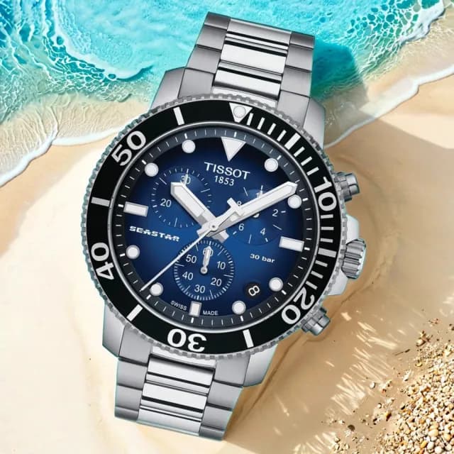 【TISSOT 天梭 官方授權】水鬼 Seastar 1000 海洋之星300米潛水三眼計時手錶 送禮 推薦(T1204171104101)