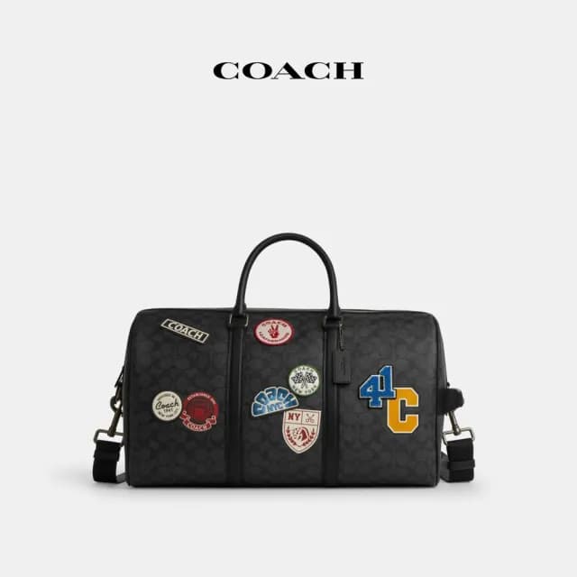 【COACH】蔻馳官方直營 VENTURER 經典 SIGNATURE 帆布與徽章旅行袋 旅行包 斜背包-炭黑色 混合色(CY829)