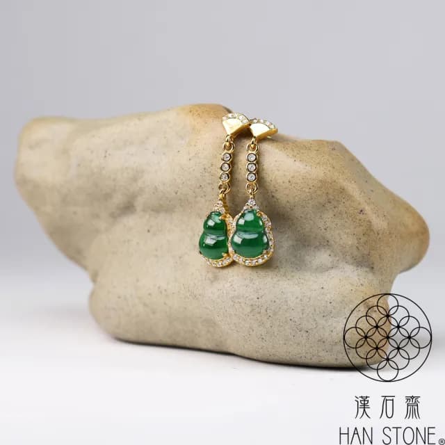 【漢石齋】情人節禮物 天然翡翠A貨 葫蘆造型設計耳環 老坑冰種(8*12mm*2pcs)