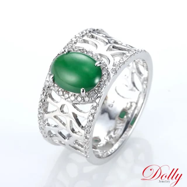 【DOLLY】18K金 緬甸高冰種老坑綠A貨翡翠鑽石戒指(母親節 長輩送禮 交換禮物首選)
