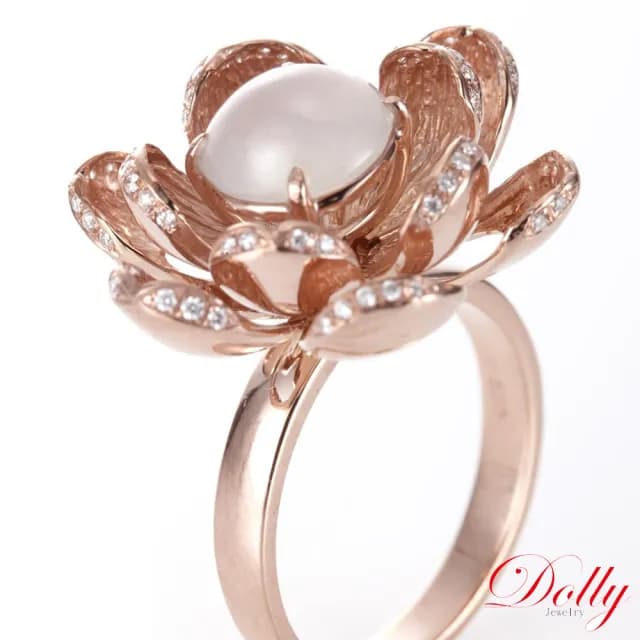 【DOLLY】14K金 緬甸冰種A貨白翡玫瑰金鑽石戒指(現貨 母親節 長輩送禮首選)