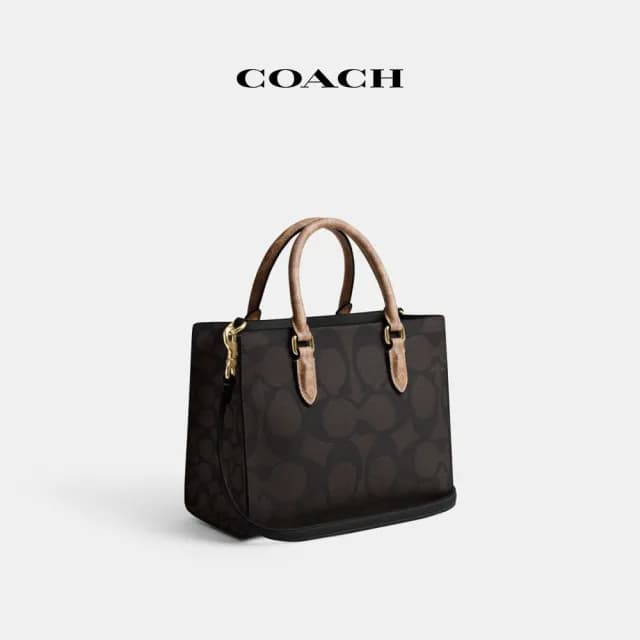 【COACH】蔻馳官方直營 MAGGIE撞色經典Logo小號托特手袋-IM/胡桃木色/棕黃色(CY676)