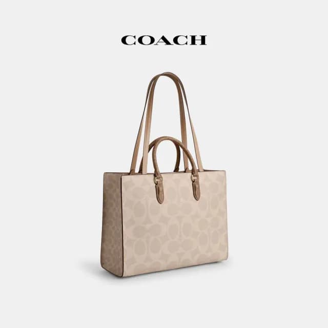 【COACH】蔻馳官方直營 MAGGIE撞色經典Logo托特手袋-IM/沙黃色/棕黃色(CY677)