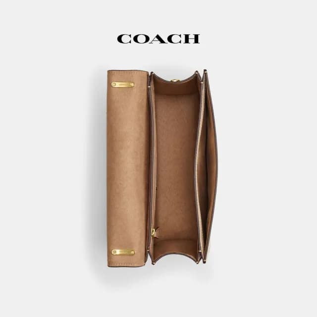 【COACH】蔻馳官方直營 MORGAN撞色經典Logo大號方形斜背手袋-IM/淺卡其色/卡其色混合色(CR331)