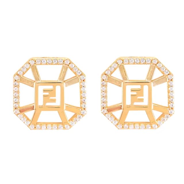 【FENDI 芬迪】經典雙F LOGOG水鑽八角造型針式時尚耳環(金)