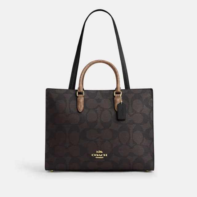 【COACH】蔻馳官方直營 MAGGIE撞色經典Logo托特手袋-IM/胡桃木色/棕黃色(CY677)