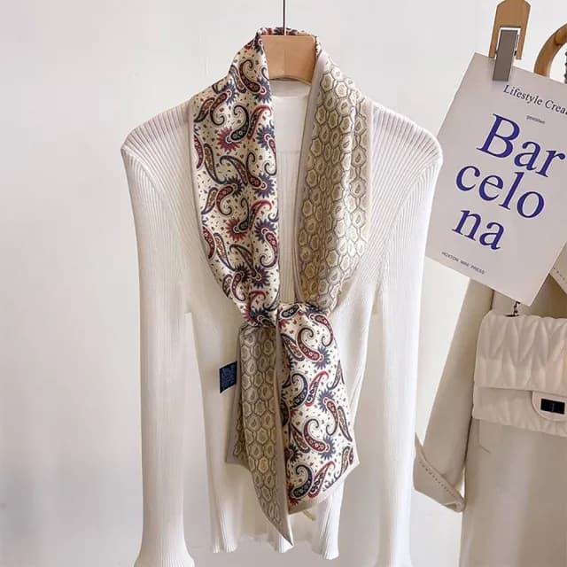 【VEDINA】復古優雅雙面設計100%真絲+羊毛長條圍巾(絲巾綢緞圍脖/緞面領巾/頭巾披肩領結)