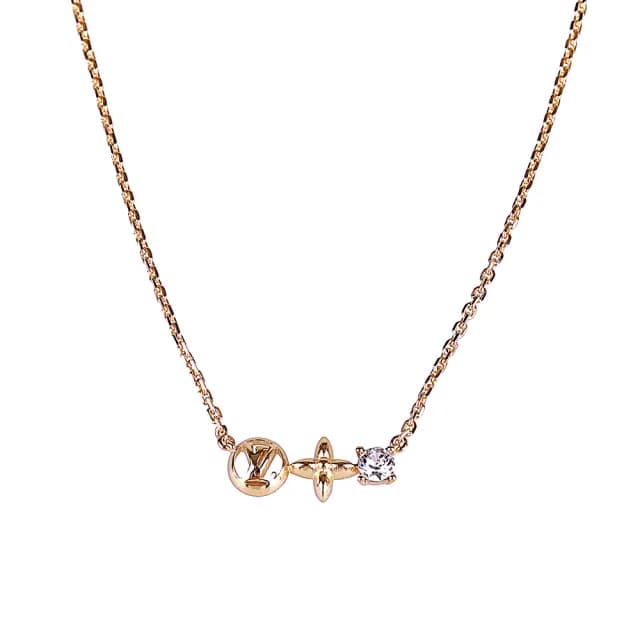 【Louis Vuitton 路易威登】LOUIS VUITTON Petit Louis花形吊飾水鑽可調節項鍊(金)