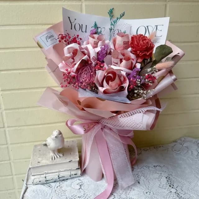 【喜滋滋】送妳有錢花/網紅玫瑰鈔票花束-5朵鈔票玫瑰_純製作費/真鈔另外轉帳(鈔票花/生日/情人節/週年)