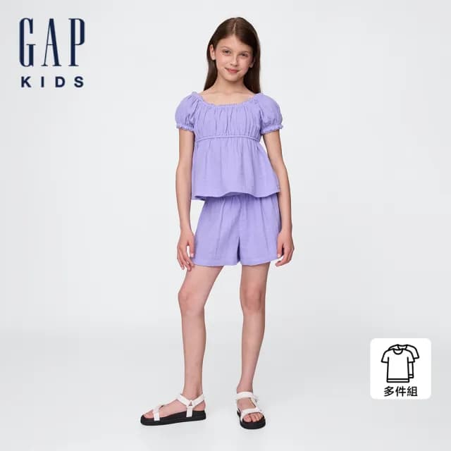 【GAP】女童裝 純棉圓領短袖短褲家居套裝-紫色(780502)