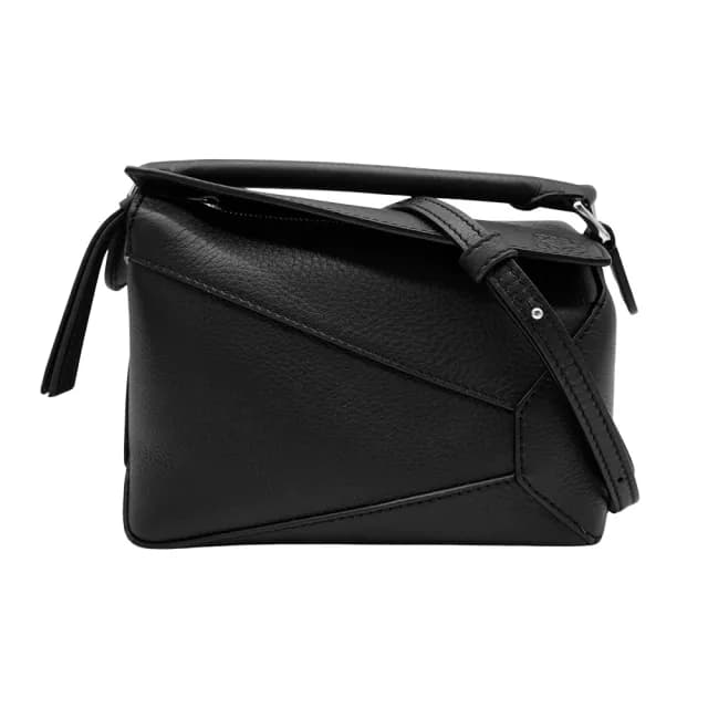 【LOEWE 羅威】Mini Puzzle Edge 牛皮銀釦迷你斜背兩用包(黑)