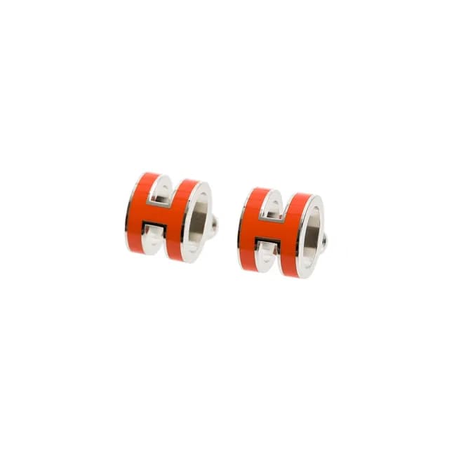 【Hermes 愛馬仕】經典POP H立體簍空橢圓LOGO耳環(紅橘/銀)
