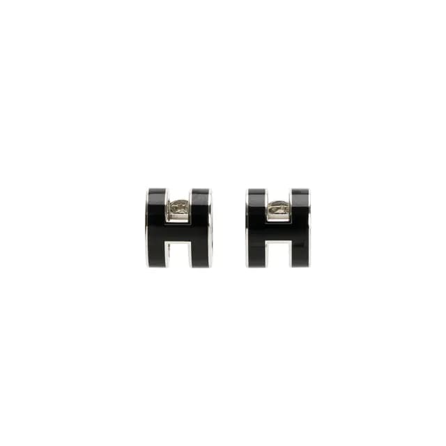【Hermes 愛馬仕】經典POP H立體簍空橢圓LOGO耳環(Noir黑/銀)