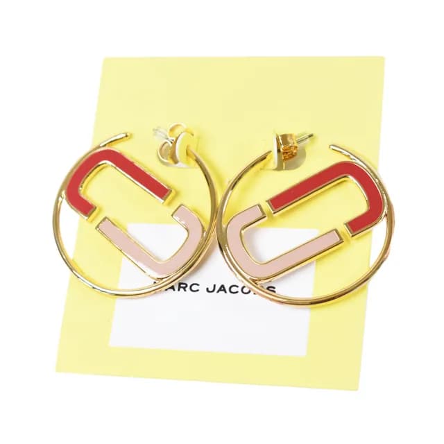 【MARC JACOBS】專櫃款 圓型琺瑯雙J拚色針式耳環-紅/粉