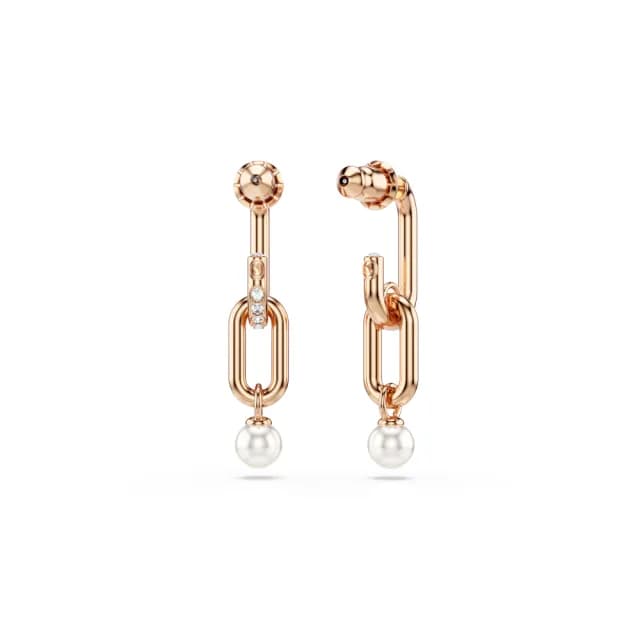 【SWAROVSKI 施華洛世奇】Constella 水滴形耳環 水晶珍珠 圓形切割 白色 鍍玫瑰金色