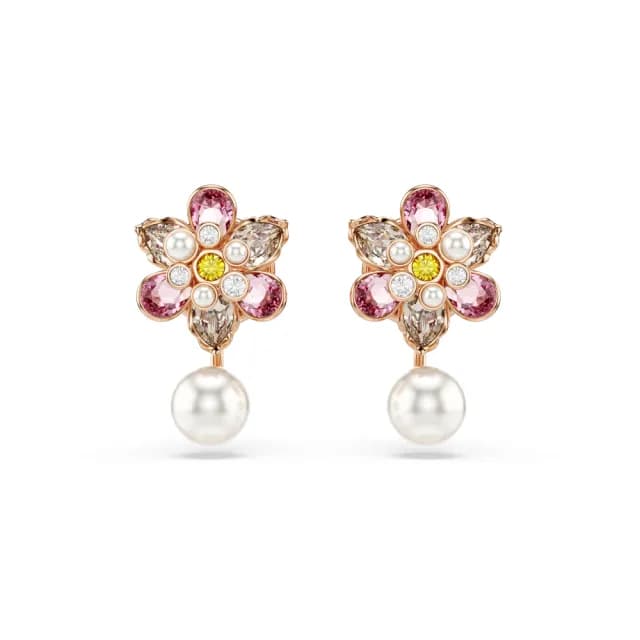 【SWAROVSKI 施華洛世奇】Idyllia 耳環袋 水晶珍珠 混合式切割 花朵 漸層色 鍍玫瑰金色