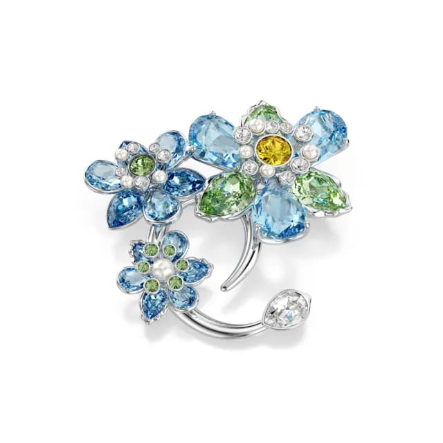 【SWAROVSKI 施華洛世奇】Idyllia 胸針 混合式切割 花朵 藍色 鍍白金色(情人節禮物)