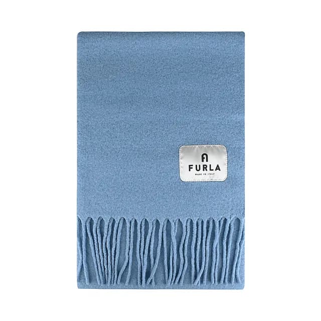 【FURLA 芙拉】FURLA Moon布標標誌LOGO羊毛搭流蘇混紡圍巾(星辰藍)