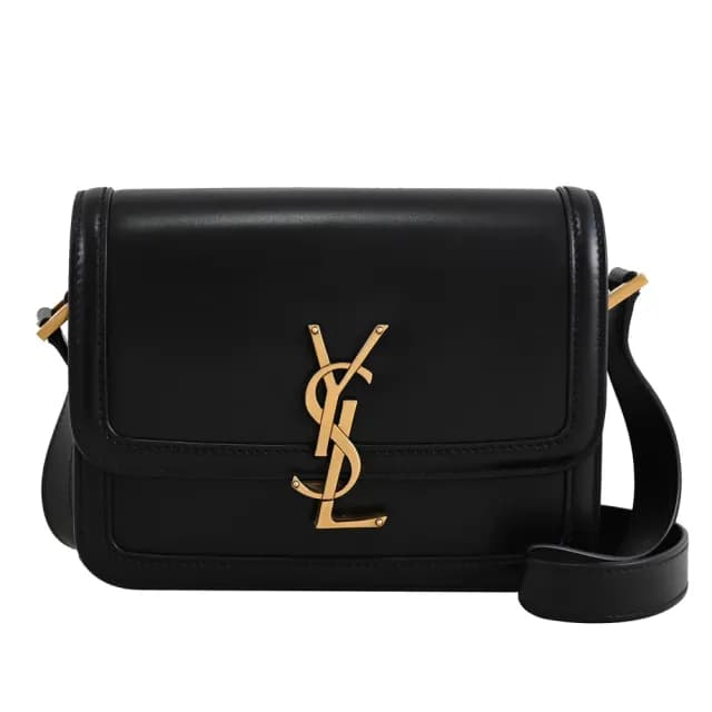【YSL】Solferino 簡約金屬LOGO素面小牛皮翻蓋淑女包斜背包(黑)