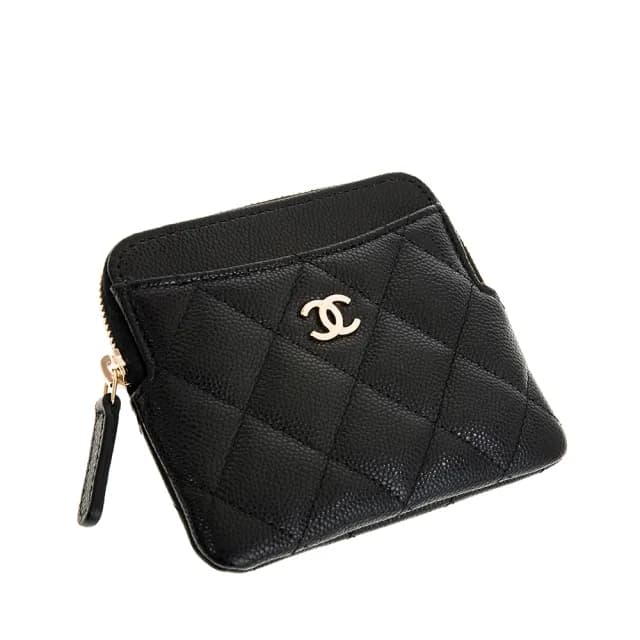 【CHANEL 香奈兒】新款雙C金字LOGO金屬菱格紋荔枝皮吐司卡片零錢包(黑色)