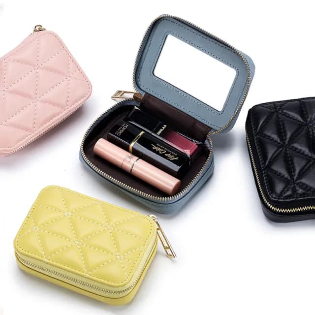 【EGO+】雙11 真皮菱格隨身攜帶零錢包 迷你化妝包(真皮包包 口紅包 硬幣零錢包夾)