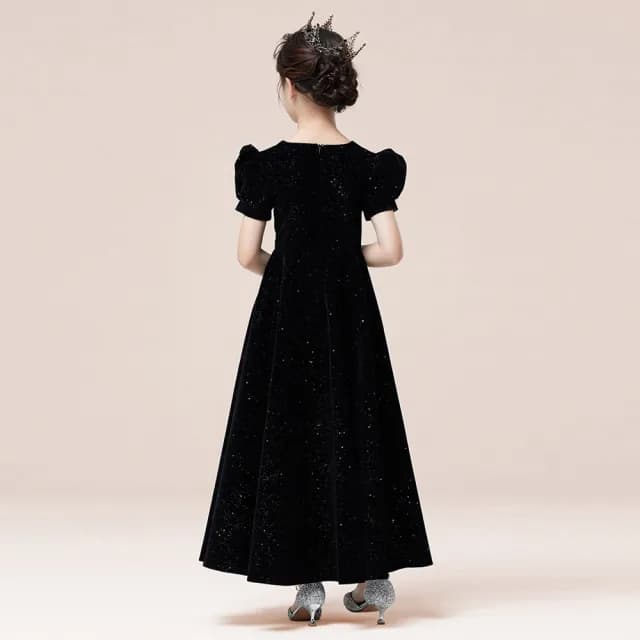【橘魔法】黑彩色星空金絲絨長裙禮服(大童 連身裙 禮服 攝影 表演 鋼琴 表演 演奏會 童裝 兒童 女童)