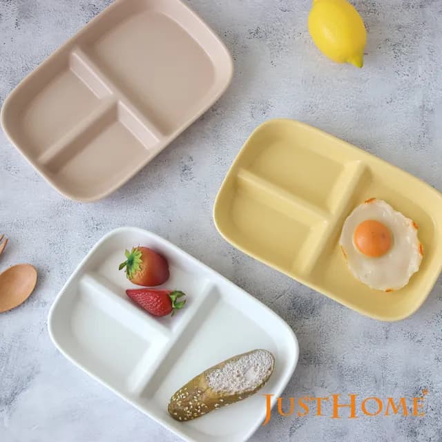 【Just Home】純色陶瓷9.5吋長方盤2件組-2種組合可選(211餐盤 分隔盤 健康分隔盤 瘦身餐盤 減脂餐盤)